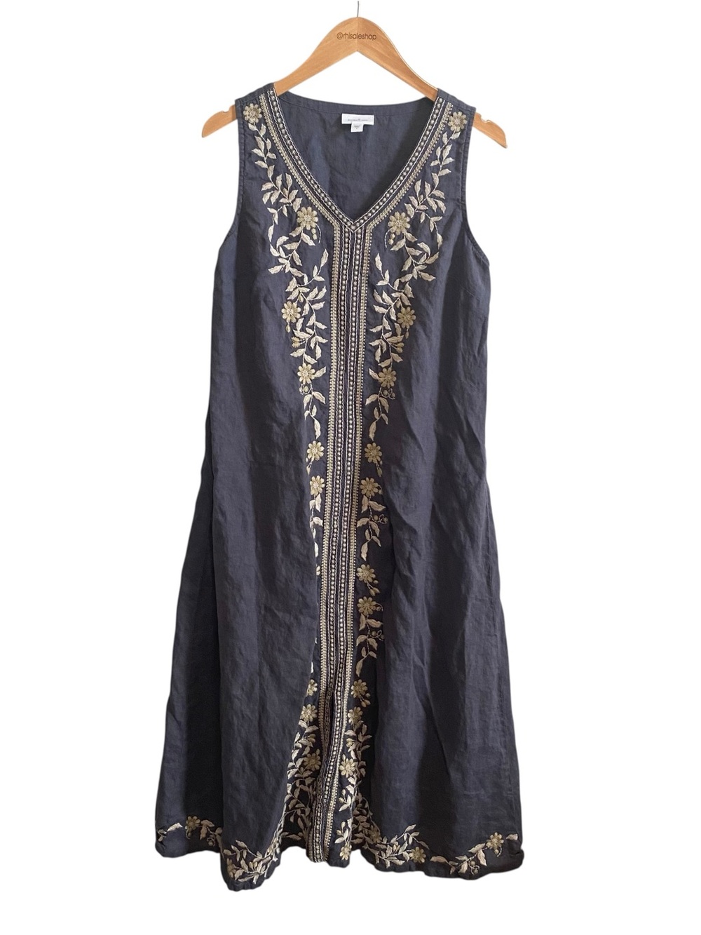 J.Jill Blue and White Linen Embroidered V Neck Sleeveless Midi Dress Size Small